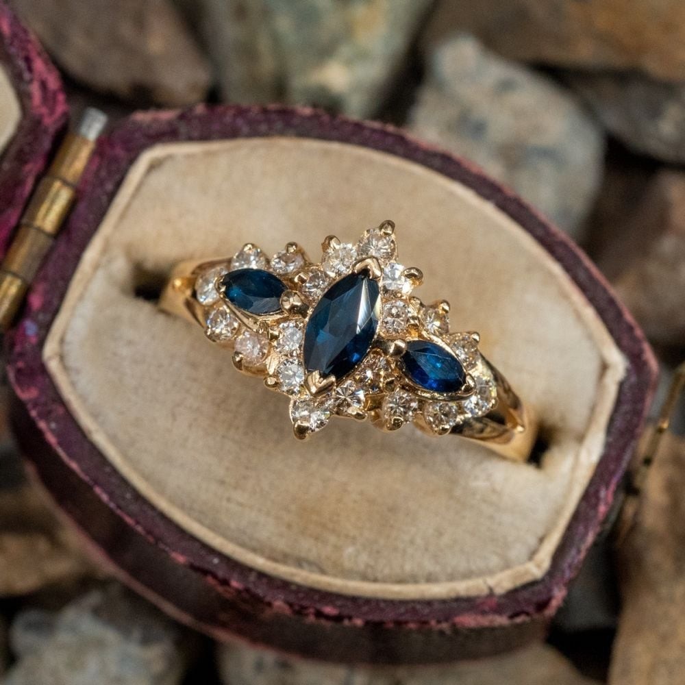 Marquise Sapphire & Diamond Ring 14K Yellow Gold